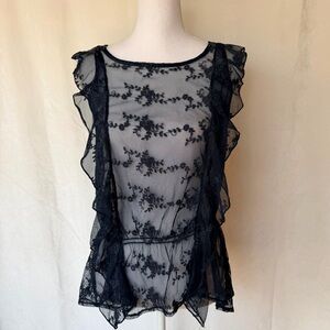 Navy Lace Ruffle Sleeveless Blouse Sheer Floral Mesh Fairy Whimsigoth Feminine